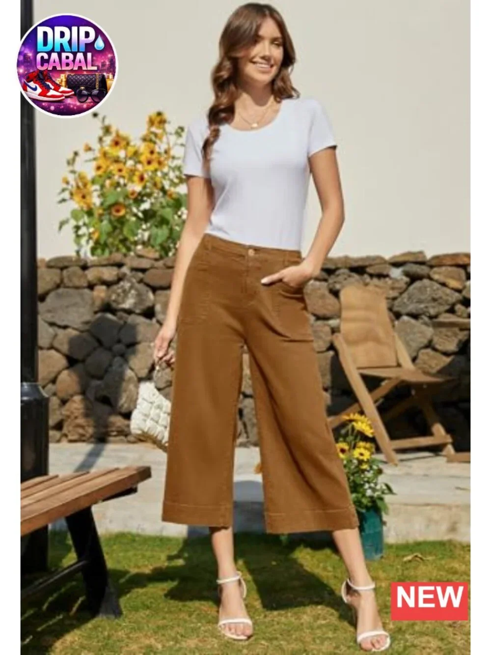 Women's Wide Leg Capri Pants Stretchy High Rise Chino Cropped